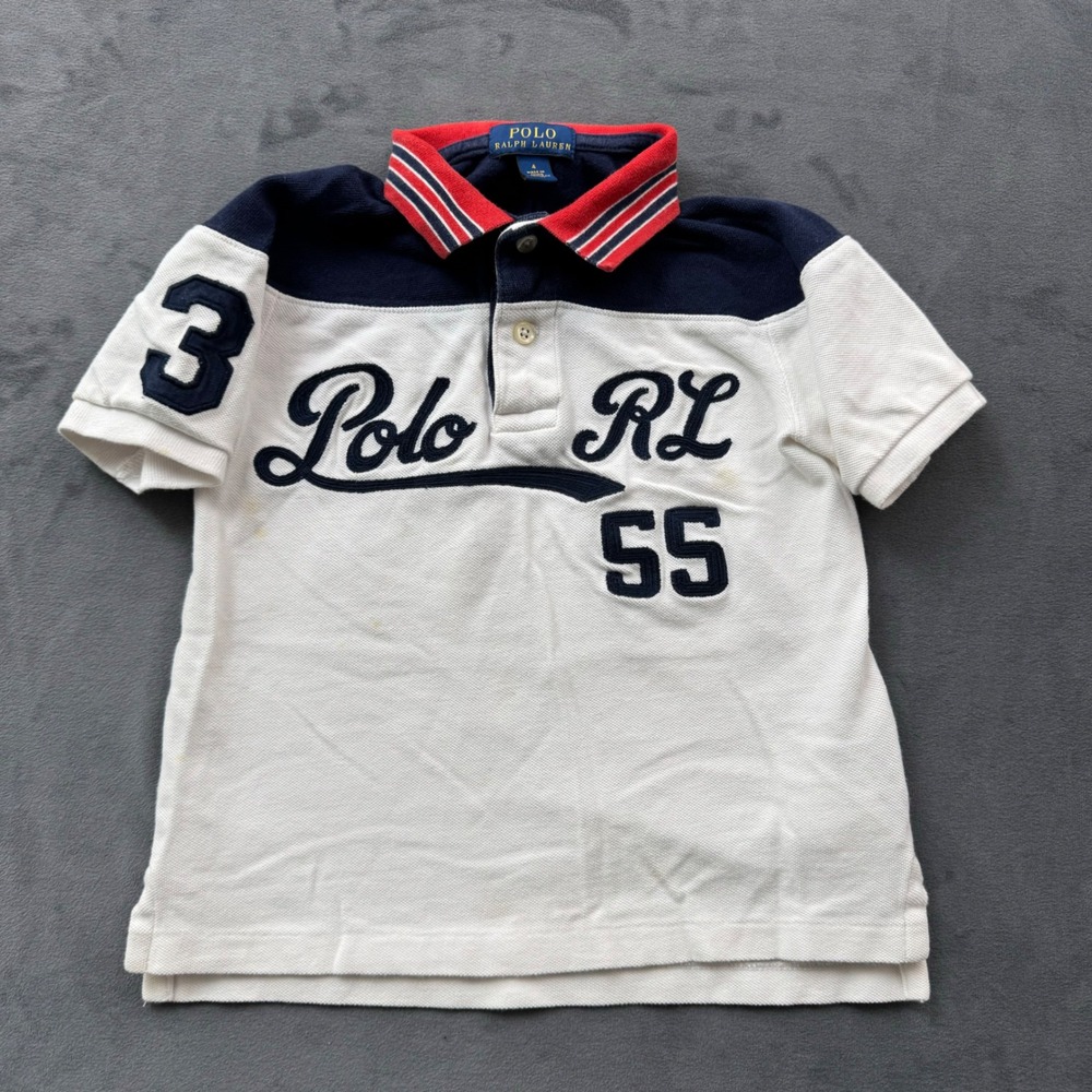 Polo Ralph Lauren Boys 4 Navy White Colorblock Striped Collar Polo Shirt 55 3